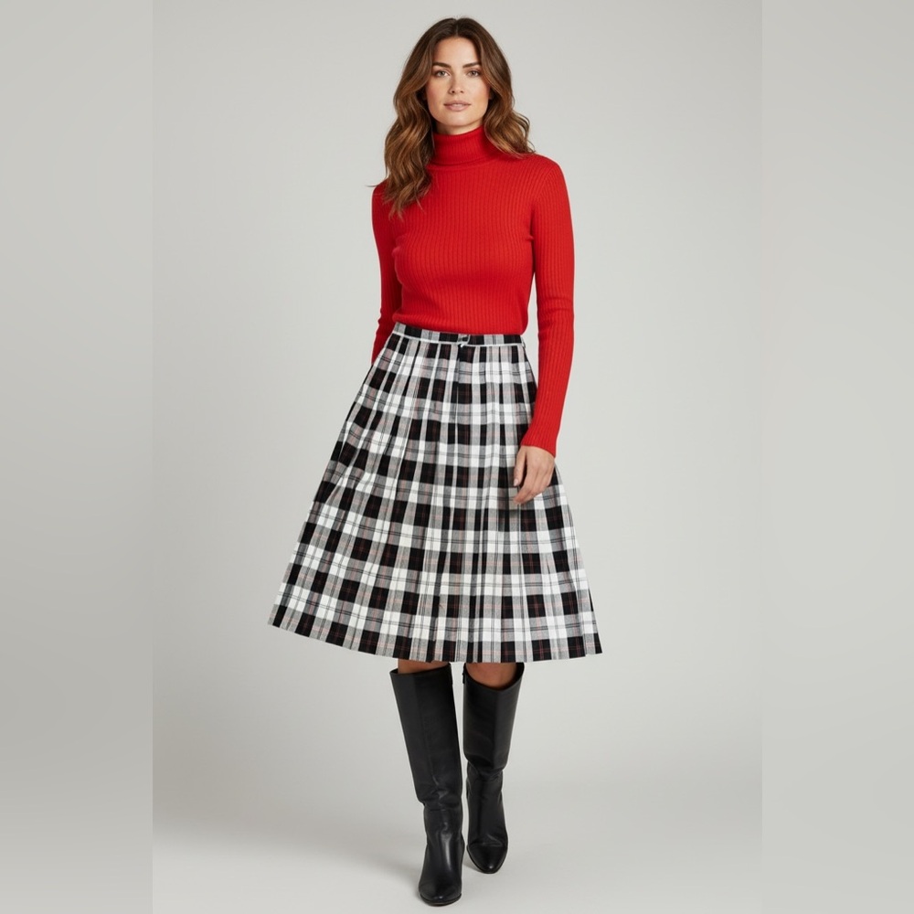 Sevil Plaid Pleated A-Line Midi Skirt Size 14 Black White Red Made in Canada